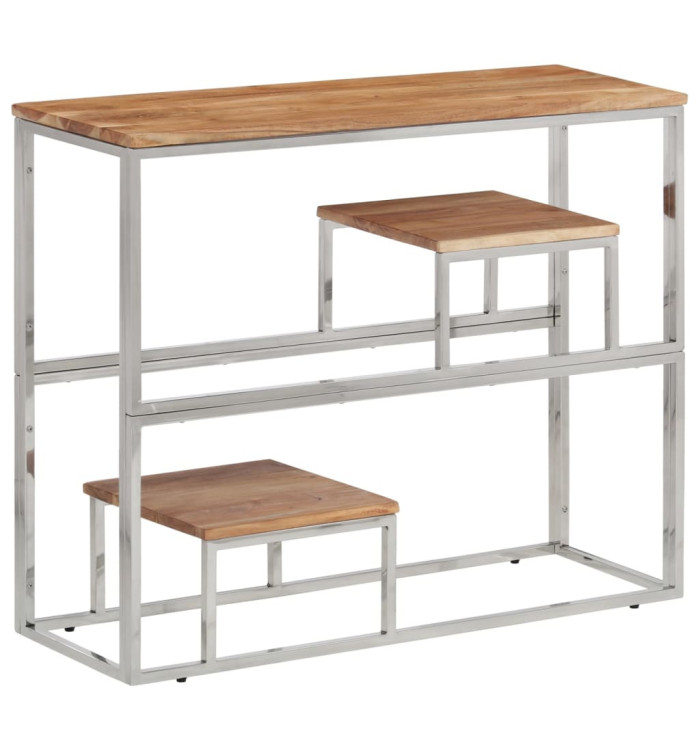 Table console argenté acier inoxydable et bois massif d'acacia | Mobilier & Déco