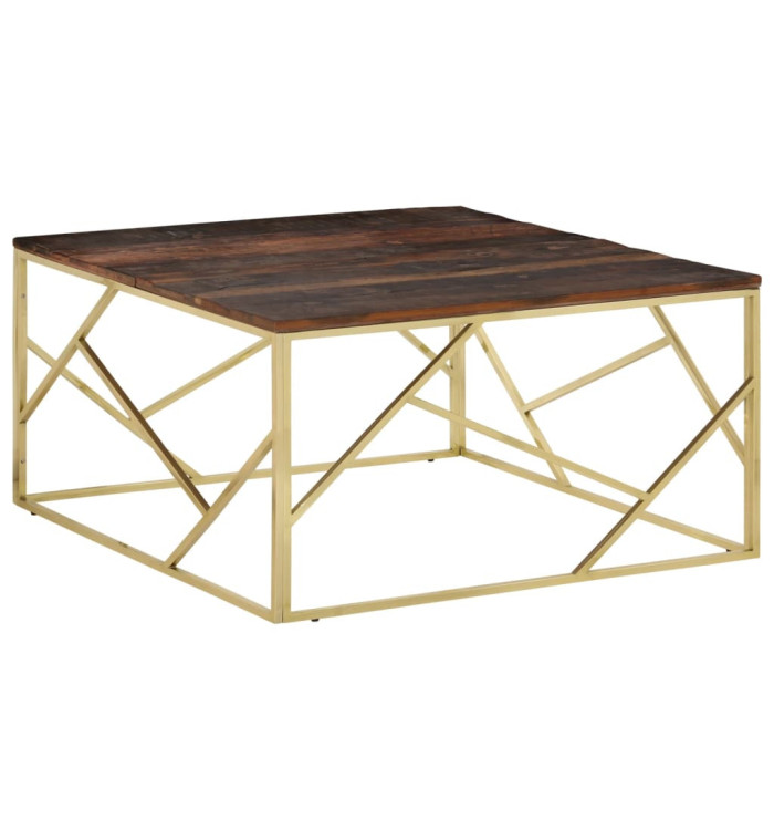 Table basse doré acier inoxydable et bois de mélèze massif | Mobilier & Déco