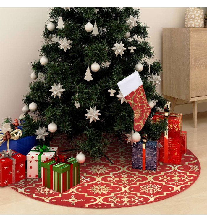 Jupe de sapin de Noël de luxe avec chaussette Rouge 150cm Tissu | Mobilier & Déco