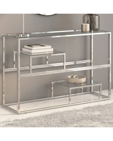 Table console argenté acier inoxydable et verre trempé | Mobilier & Déco