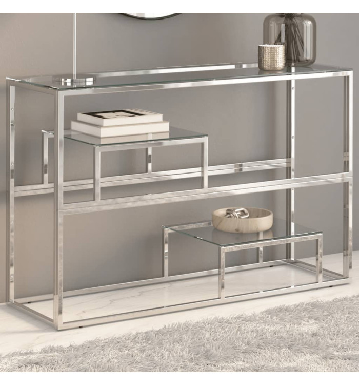 Table console argenté acier inoxydable et verre trempé | Mobilier & Déco