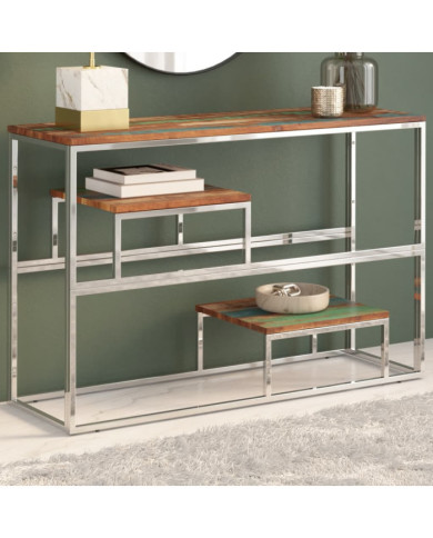 Table console argenté inox et bois de récupération massif | Mobilier & Déco