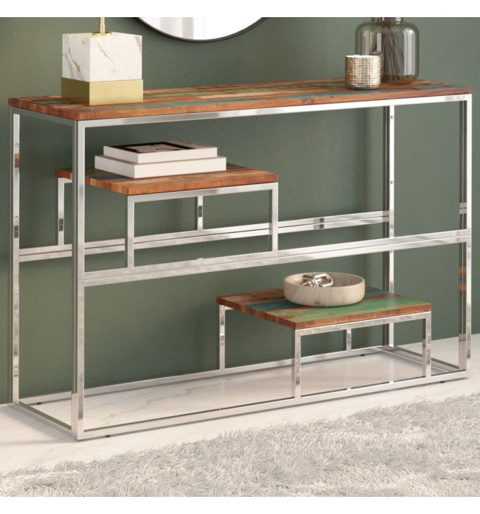 Table console argenté inox et bois de récupération massif | Mobilier & Déco