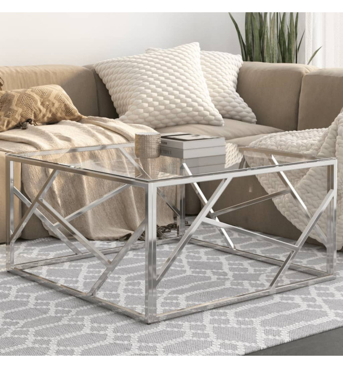 Table basse argenté acier inoxydable et verre trempé | Mobilier & Déco