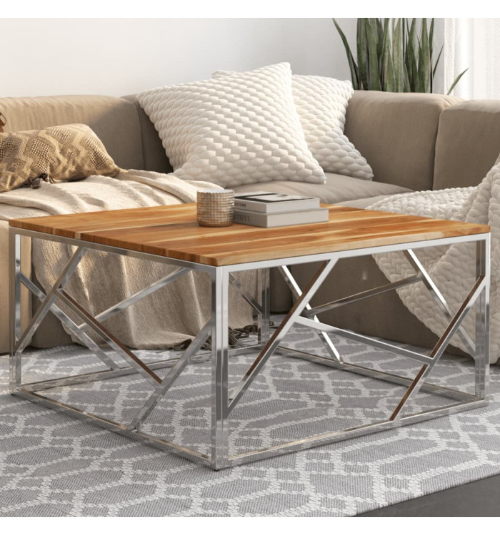Table basse argenté acier inoxydable et bois massif d'acacia | Mobilier & Déco