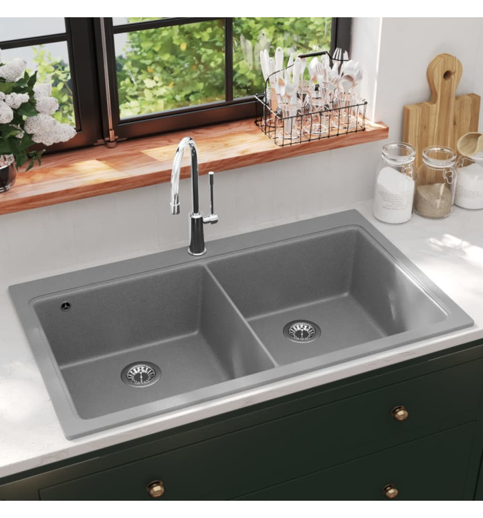 Évier de cuisine encastrable à 2 bacs en granite blanc gris | Mobilier & Déco