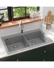 Évier de cuisine encastrable à 2 bacs en granite blanc gris | Mobilier & Déco
