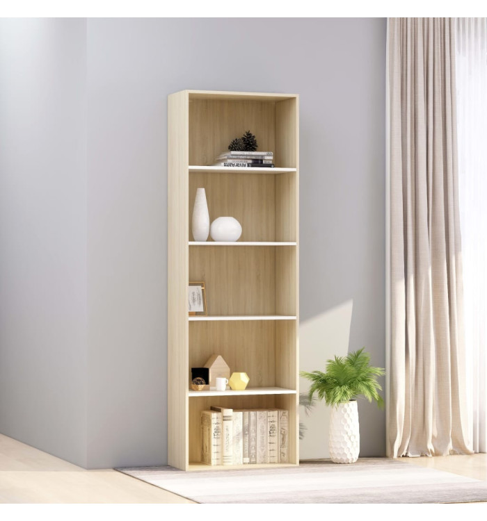 Bibliothèque à 5 niveaux Blanc et chêne Sonoma Bois ingénierie | Mobilier & Déco