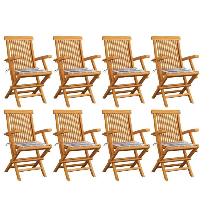 Chaises de jardin et coussins à carreaux gris lot de 8 Teck | Mobilier & Déco