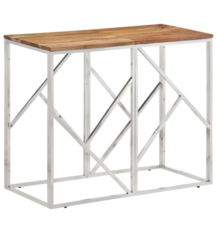 Table console argenté acier inoxydable et bois massif d'acacia | Mobilier & Déco
