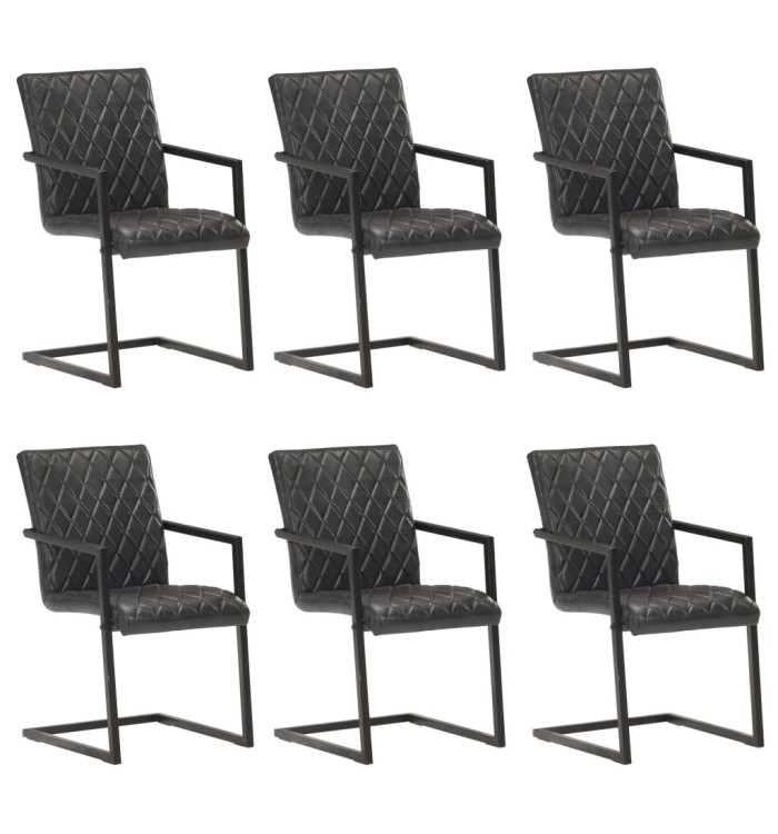 Chaises à manger cantilever lot de 6 noir cuir véritable | Mobilier & Déco