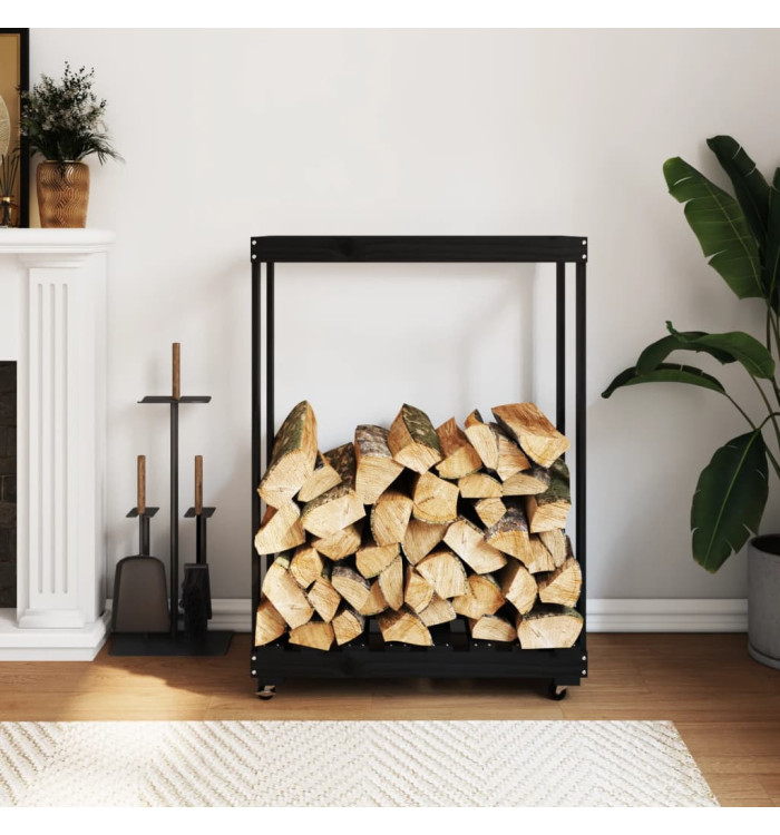 Porte-bûches avec roulettes noir 76,5x40x108 cm bois massif pin | Mobilier & Déco
