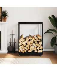 Porte-bûches avec roulettes noir 76,5x40x108 cm bois massif pin | Mobilier & Déco