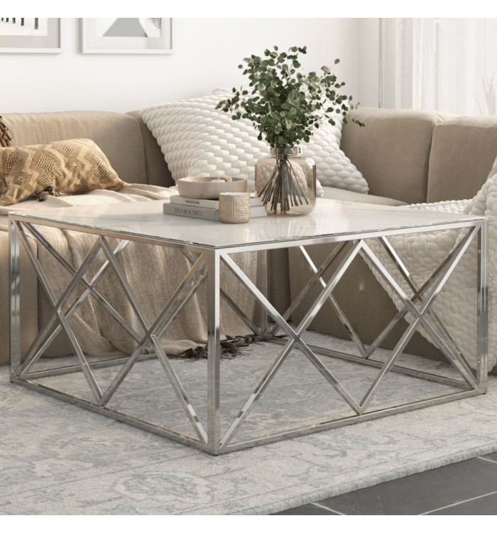 Table basse argenté acier inoxydable et verre trempé | Mobilier & Déco