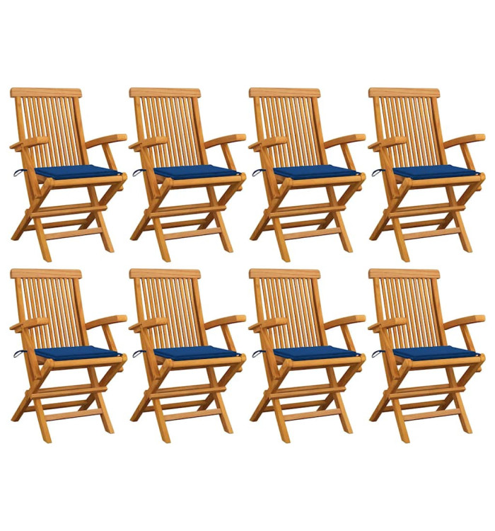 Chaises de jardin avec coussins bleu royal lot de 8 Teck massif | Mobilier & Déco