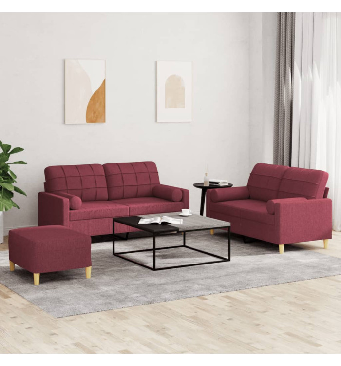 Ensemble de canapés 3 pcs avec coussins rouge bordeaux tissu | Mobilier & Déco