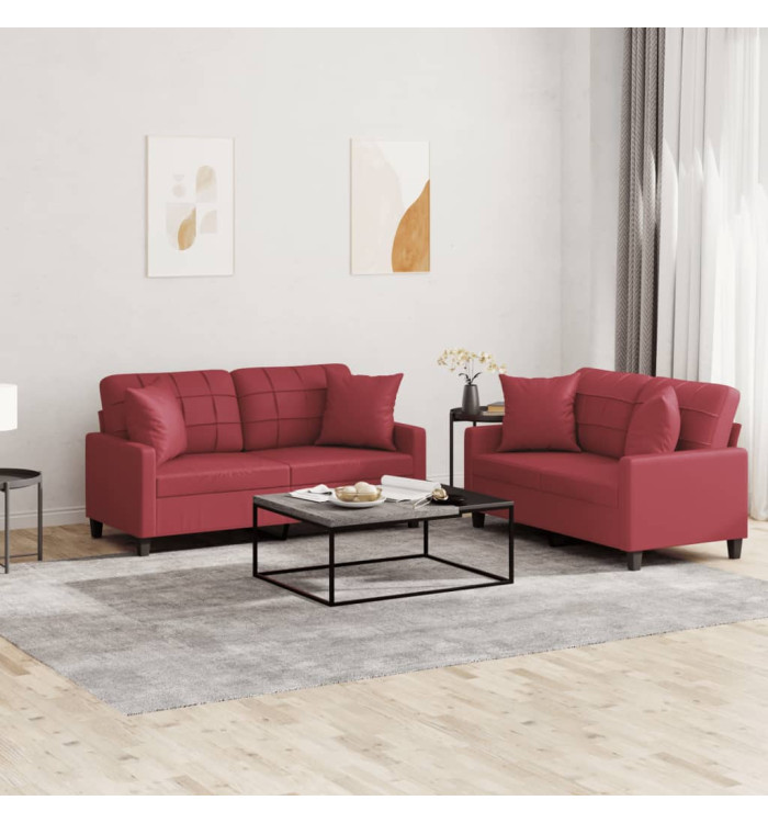 Ensemble de canapés 2 pcs et coussins rouge bordeaux similicuir | Mobilier & Déco