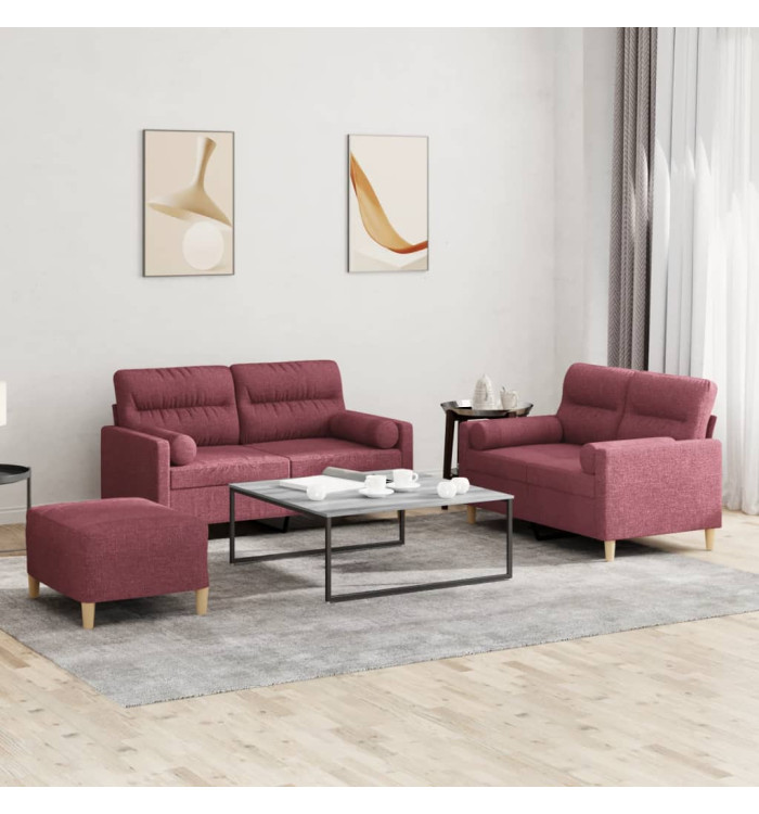 Ensemble de canapés 3 pcs avec coussins rouge bordeaux tissu | Mobilier & Déco