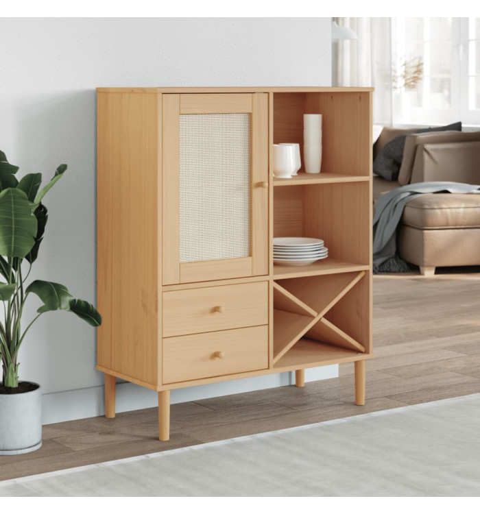 Buffet SENJA aspect rotin marron 90x40x112cm bois massif de pin | Mobilier & Déco