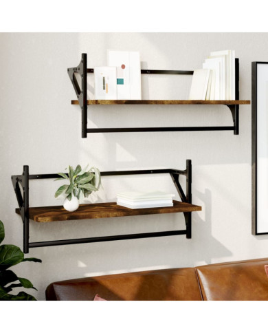 Étagères murales avec barres 2 pcs chêne fumé 65x25x30 cm | Mobilier & Déco