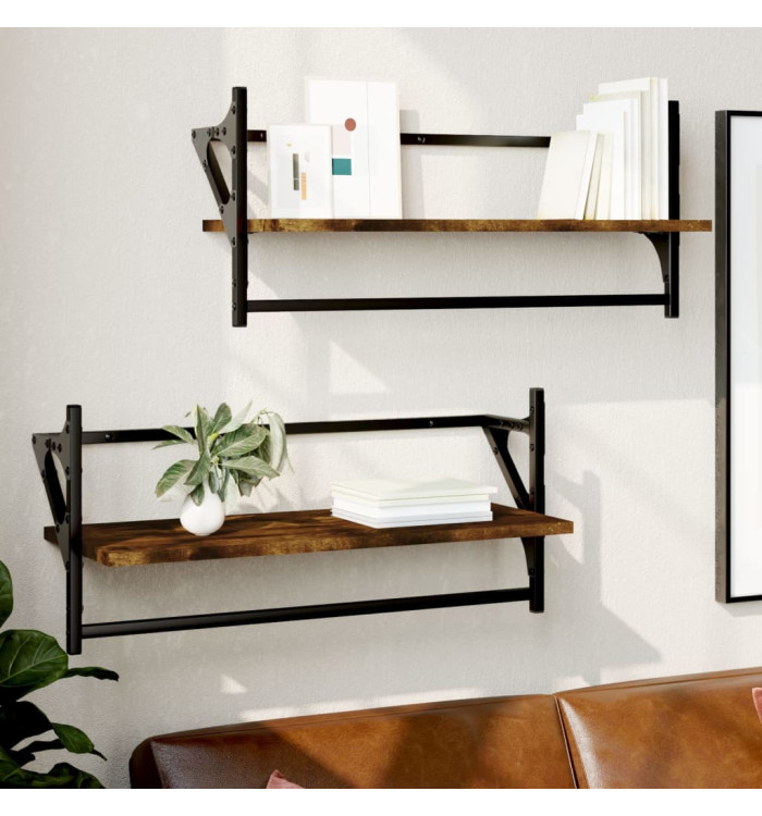 Étagères murales avec barres 2 pcs chêne fumé 65x25x30 cm | Mobilier & Déco