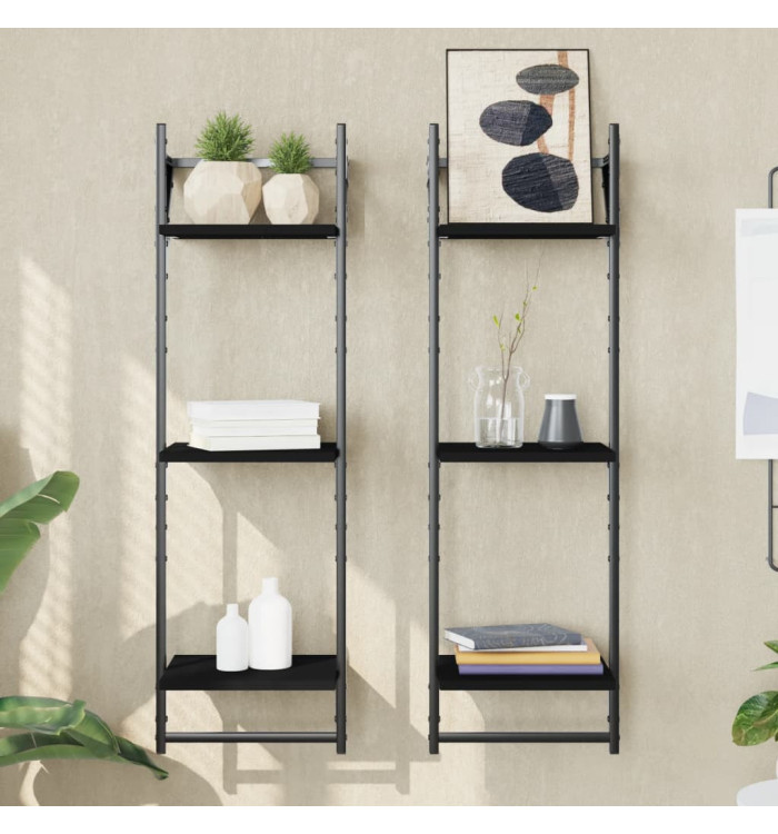 Étagères murales à 3 niveaux avec barres 2 pcs noir 30x25x100cm | Mobilier & Déco