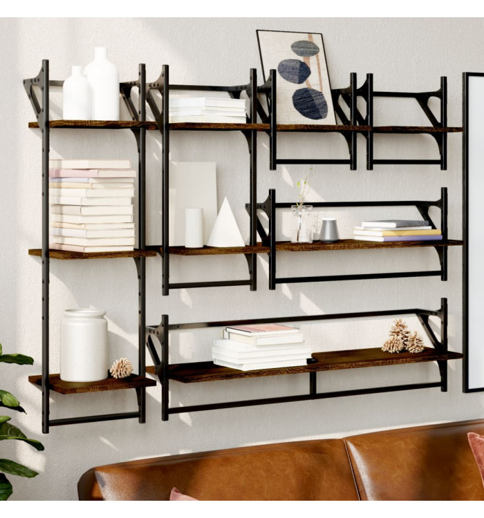 Ensemble d'étagères murales avec barres 6 pcs chêne marron | Mobilier & Déco