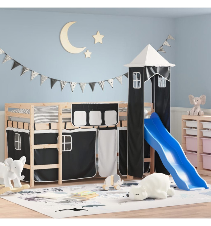Lit mezzanine enfants et tour sans matelas blanc noir 80x200cm | Mobilier & Déco