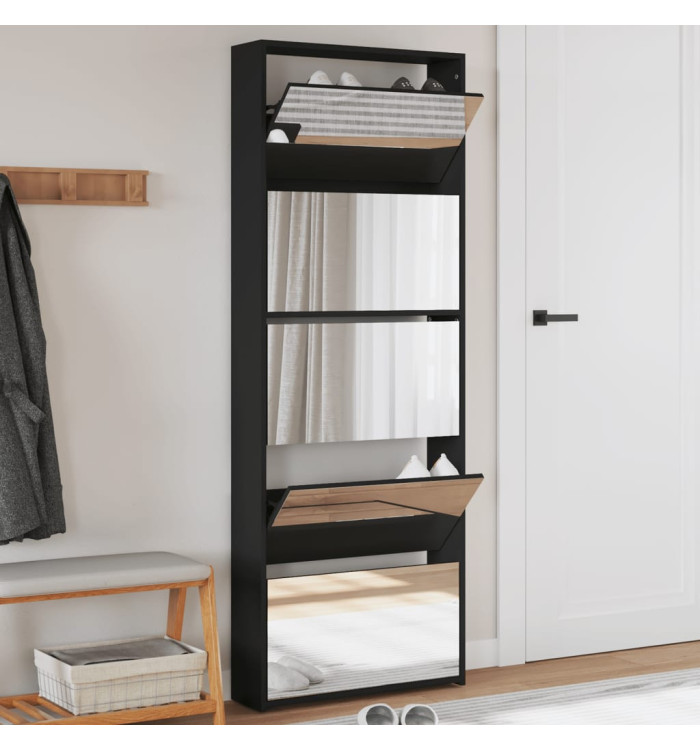 Armoire à chaussures avec miroir 5 niveaux noir 63x17x169,5 cm | Mobilier & Déco