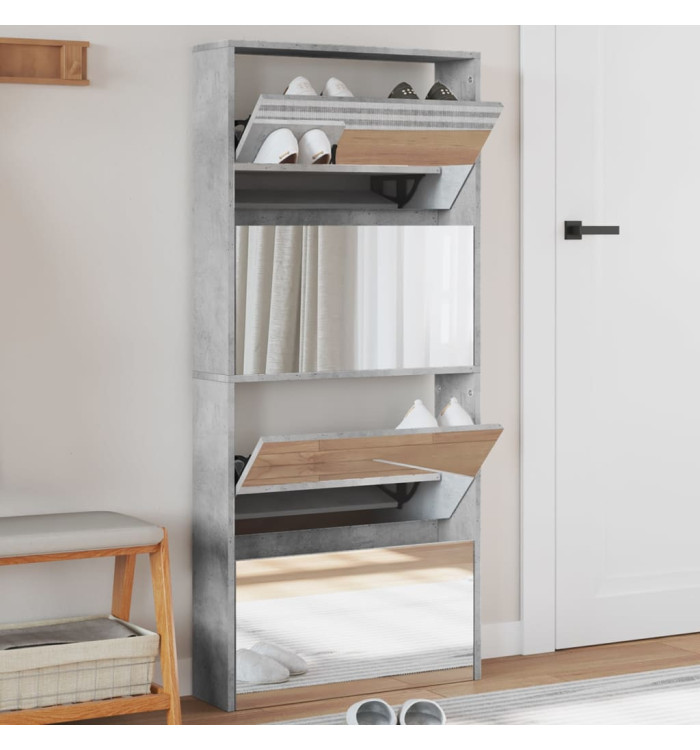 Armoire à chaussures et miroir 4 niveaux gris béton 63x17x134cm | Mobilier & Déco