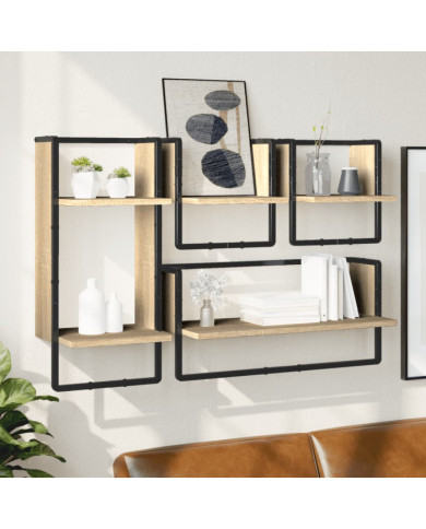 Ensemble d'étagères murales avec barres 4 pcs chêne sonoma | Mobilier & Déco