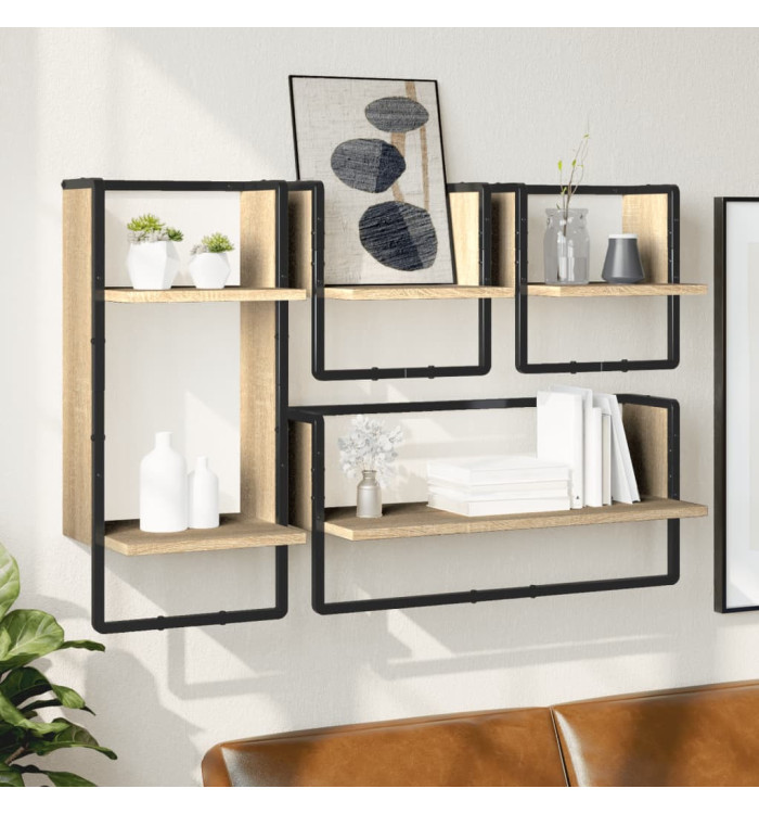 Ensemble d'étagères murales avec barres 4 pcs chêne sonoma | Mobilier & Déco