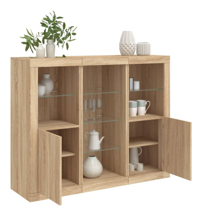 Buffets avec lumières LED 3 pcs chêne sonoma bois d'ingénierie | Mobilier & Déco