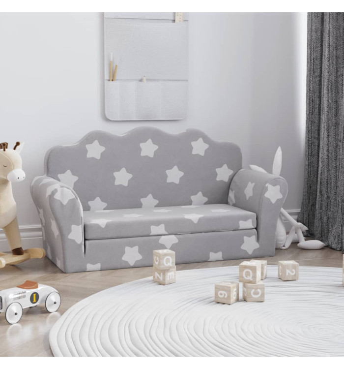 Canapé-lit enfant 2 places gris clair étoiles peluche douce | Mobilier & Déco