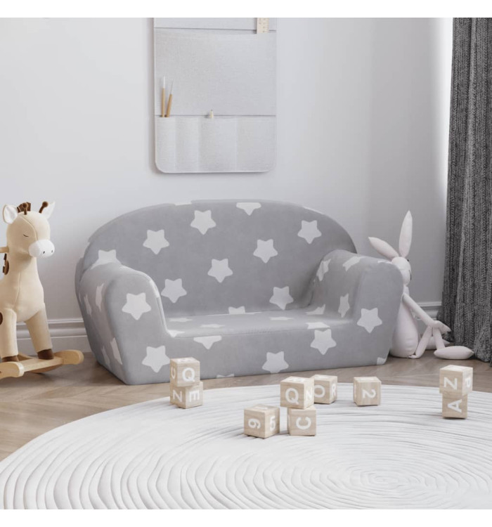 Canapé enfants 2 places gris clair avec étoiles peluche douce | Mobilier & Déco