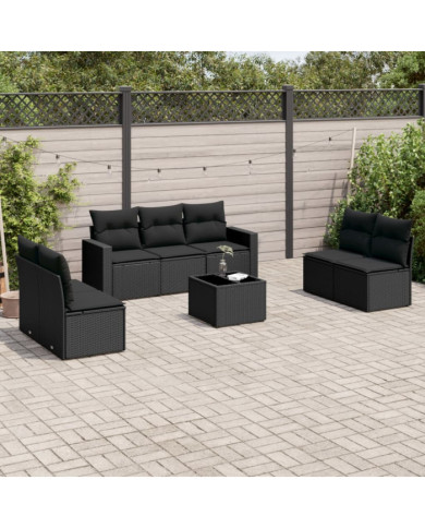 Salon de jardin 8 pcs avec coussins noir résine tressée | Mobilier & Déco