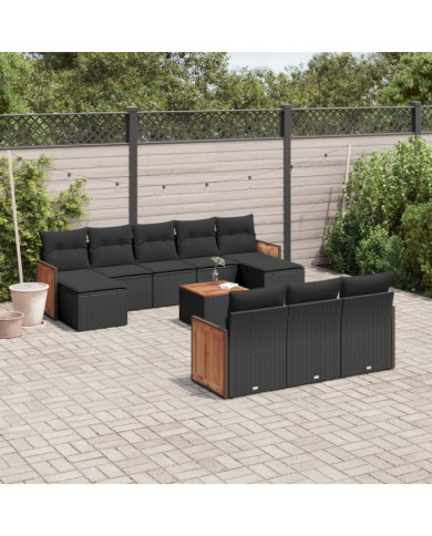 Salon de jardin 11 pcs avec coussins noir résine tressée | Mobilier & Déco