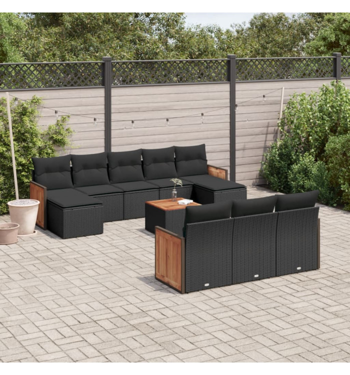 Salon de jardin 11 pcs avec coussins noir résine tressée | Mobilier & Déco