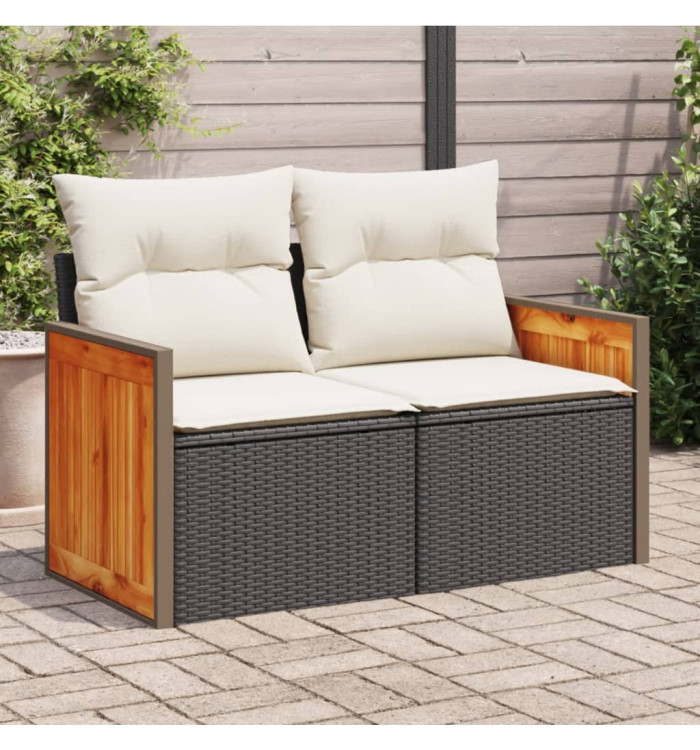 Canapé de jardin avec coussins 2 places noir résine tressée | Mobilier & Déco