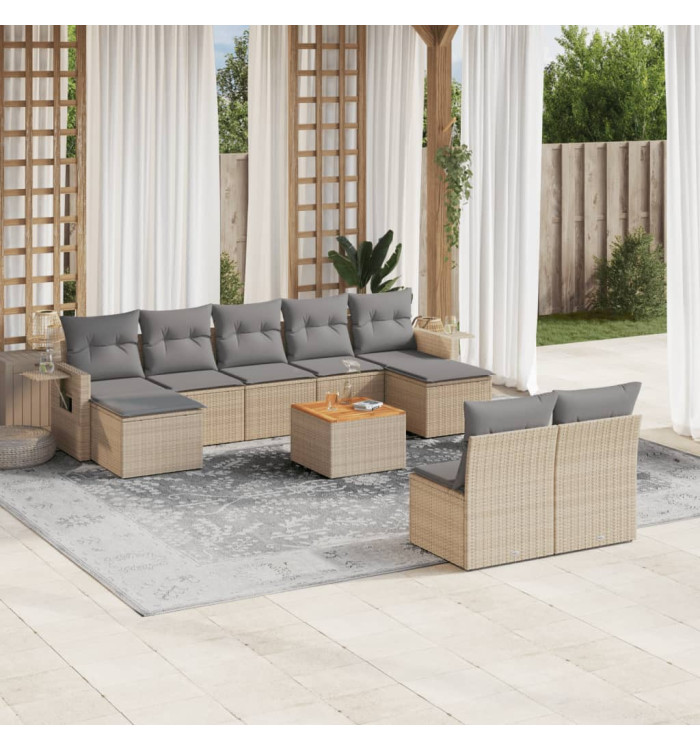 Salon de jardin avec coussins 10 pcs beige résine tressée | Mobilier & Déco
