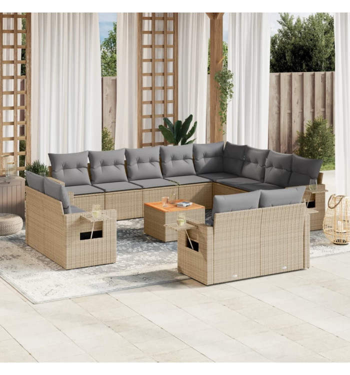 Salon de jardin avec coussins 13 pcs beige résine tressée | Mobilier & Déco