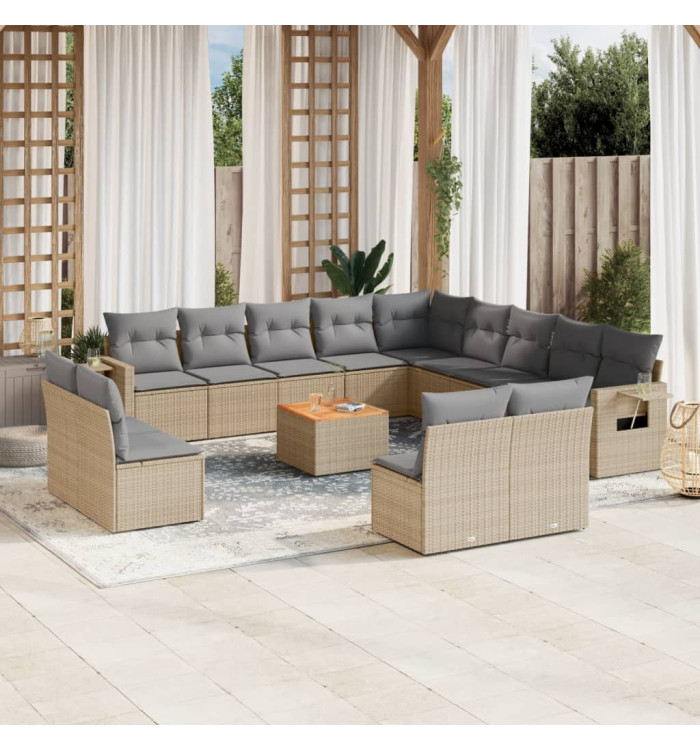 Salon de jardin avec coussins 14 pcs beige résine tressée | Mobilier & Déco