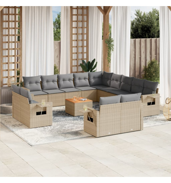 Salon de jardin avec coussins 14 pcs beige résine tressée | Mobilier & Déco