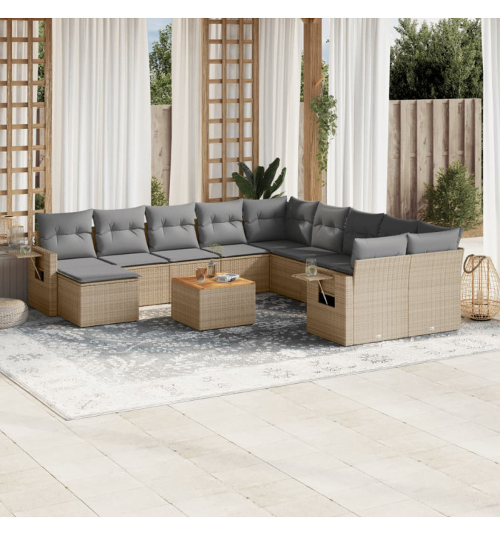 Salon de jardin avec coussins 12 pcs beige résine tressée | Mobilier & Déco