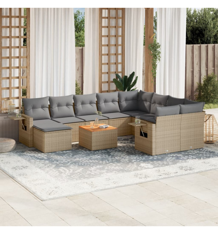 Salon de jardin 11 pcs avec coussins beige résine tressée | Mobilier & Déco