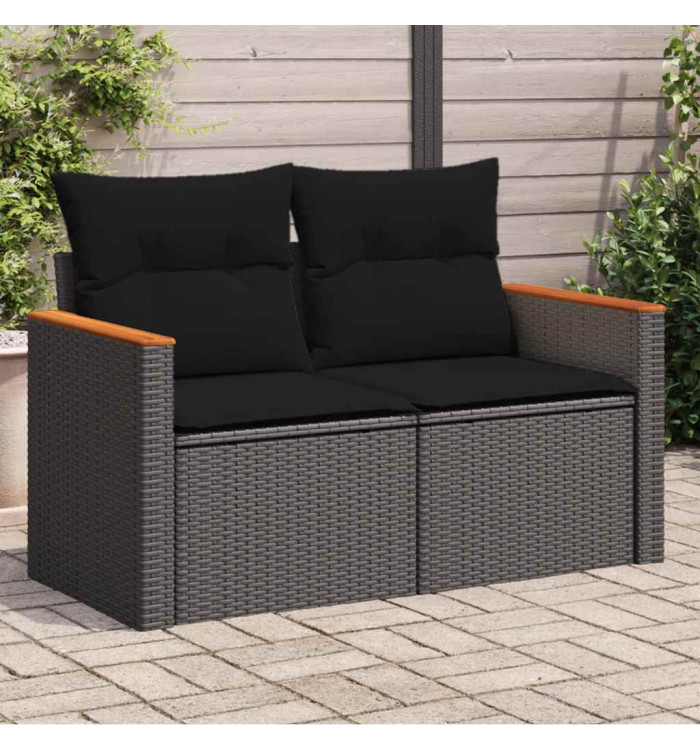 Canapé de jardin avec coussins 2 places noir résine tressée | Mobilier & Déco