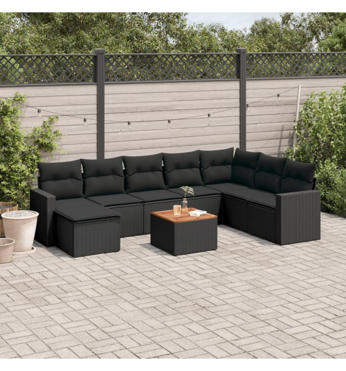 Salon de jardin 9 pcs avec coussins noir résine tressée | Mobilier & Déco