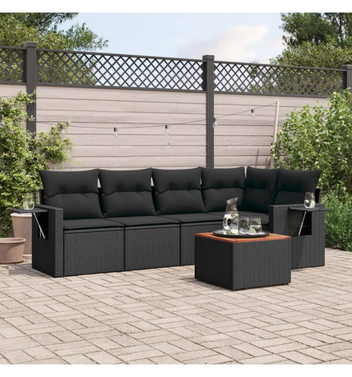 Salon de jardin 6 pcs avec coussins noir résine tressée | Mobilier & Déco