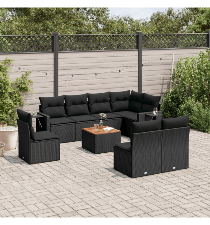 Salon de jardin 9 pcs avec coussins noir résine tressée | Mobilier & Déco