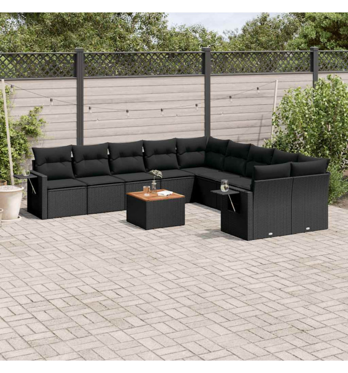 Salon de jardin 11 pcs avec coussins noir résine tressée | Mobilier & Déco